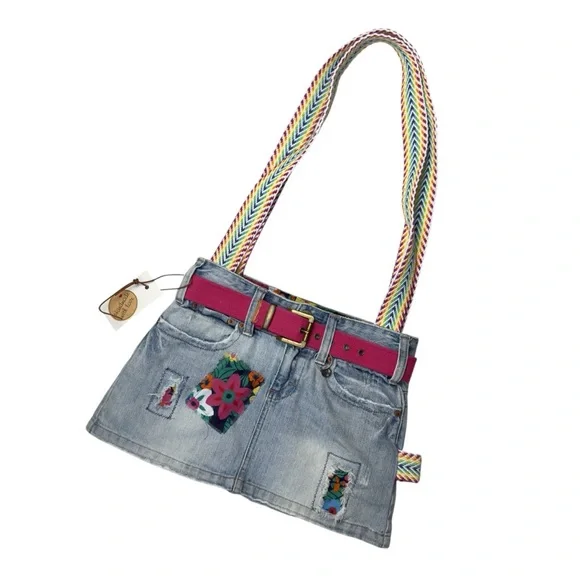 Handmade Upcycled Denim Floral Patch Mini Skirt Rainbow Strap Shoulder Bag - Picture 2 of 13